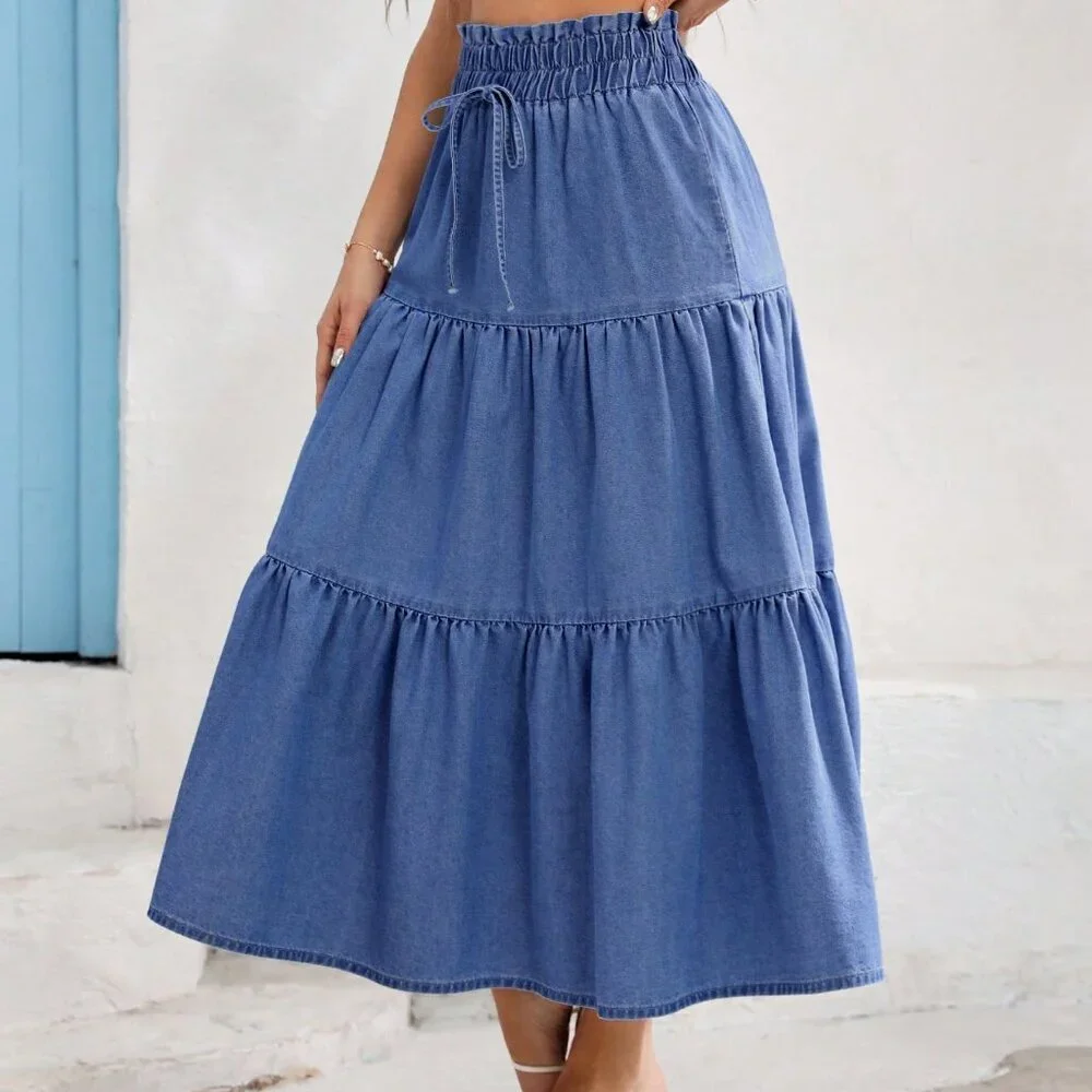 Medium Wash Boho Women's Relaxed Elastic Waist Long Denim Skirt